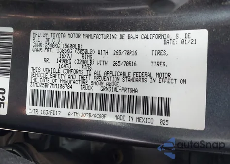 2021 Toyota Tacoma Trd Sport из США, поврежденный, VIN 3TMDZ5BN7MM106784